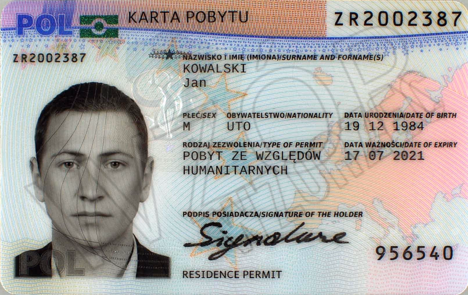 Polish residence permit card showing a black and white photo of a man, name Jan Kowalski, male, nationality UTO, birth date 19-12-1984, humanitarian permit valid until 17-07-2021.