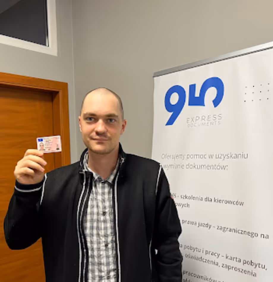 Man in black jacket holding an identification card next to a banner for 95 Express Documents.
