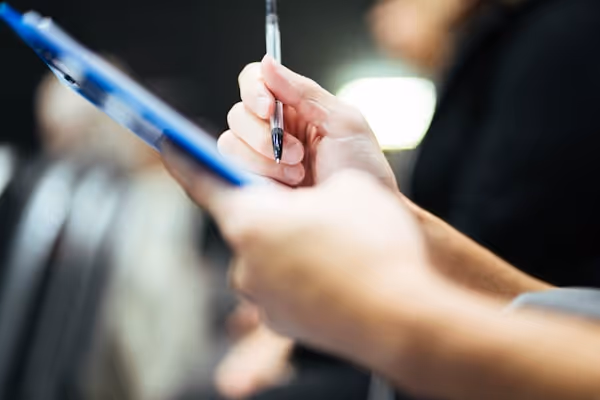 Person holding a blue clipboard and writing with a pen in a blurred indoor setting.